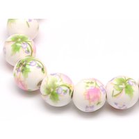 Handmade Flower Printed Porcelain Ceramic Beads Strands, Pale Green — Jewelry Beads