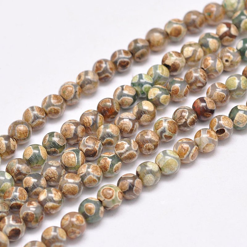 Brins de perles d'Agate dZi au motif de carapace de tortue tibétaine, Khaki, 6mm — Perles à bijoux