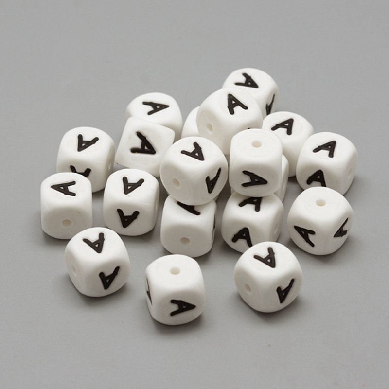 Perles en Silicone Alimentaire Cube Lettre, Blanches, 12mm, Trou de 2mm — Perles à bijoux