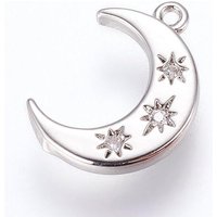 Brass Moon Charms with Cubic Zirconia and Platinum Finish