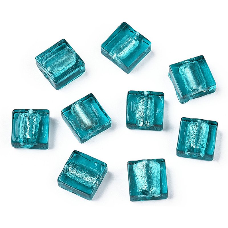 Handmade Silver Foil Lampwork Beads, Square, Teal, 12x12x6mm — Jewelry Beads