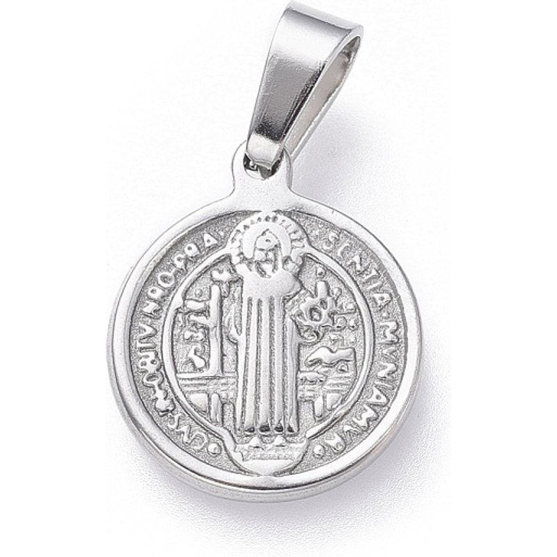 Pendentif rond plat en acier inoxydable 304 avec Saint Benoît — Breloques et pendentifs