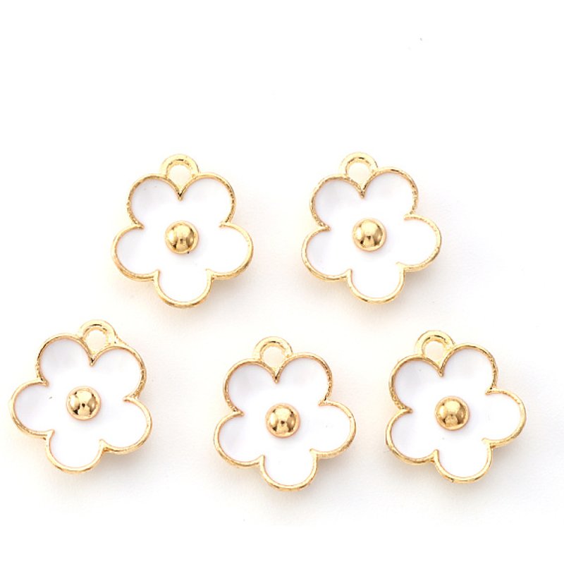 Pendentif en Émail Alliage Plaqué Or Clair, Fleur, Blanc, 13x11.5mm — Breloques et pendentifs