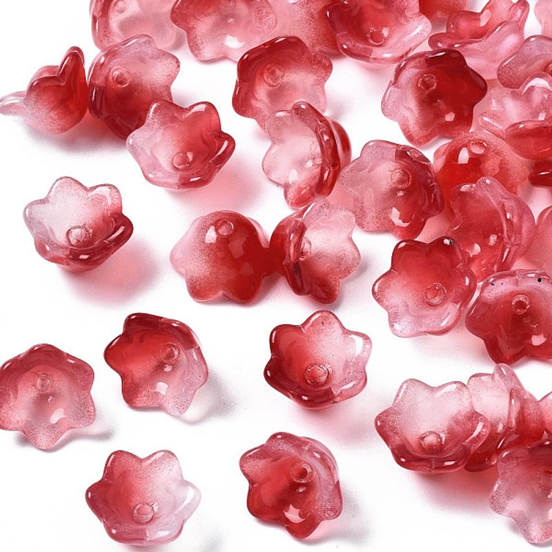 Transparent Two Tone Glass Beads, Flower, Crimson, 7x11.5mm — Jewelry Beads