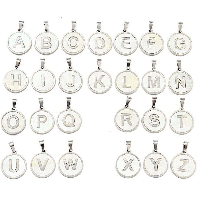 304 Stainless Steel Letter Charms A-Z with White Shell Pendant — Charms & Pendants