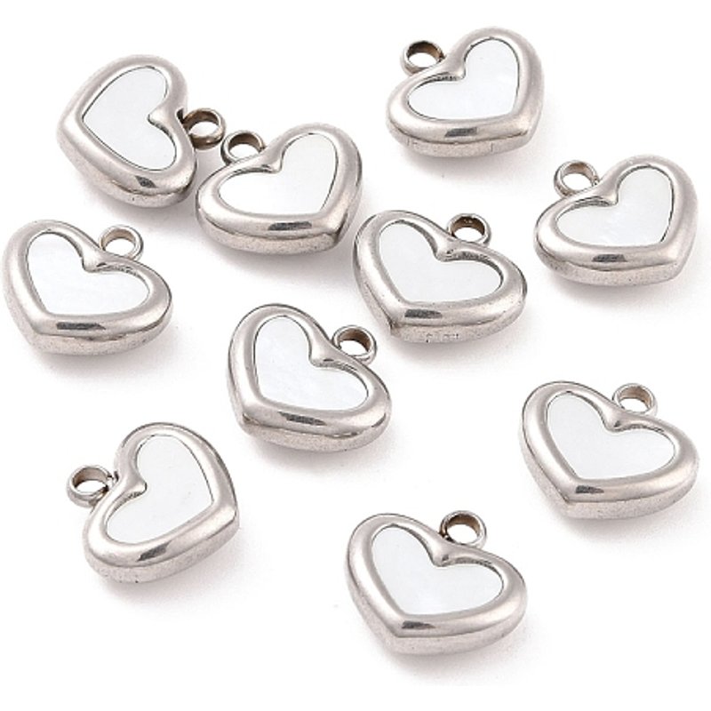 304 Stainless Steel Heart Pendant with Shell, 11x11x4mm — Charms & Pendants