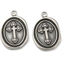 304 Stainless Steel Oval Cross Charms, Antique Silver