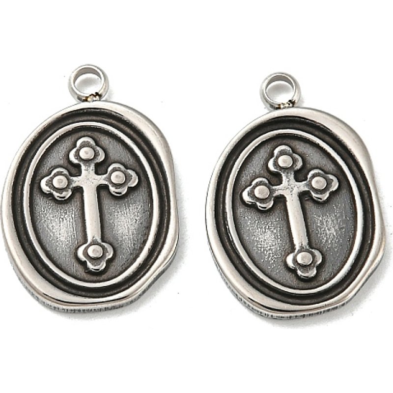 Pendentifs Ovales en Acier Inoxydable 304 avec Charms Croix, Argent Vieilli — Breloques et pendentifs