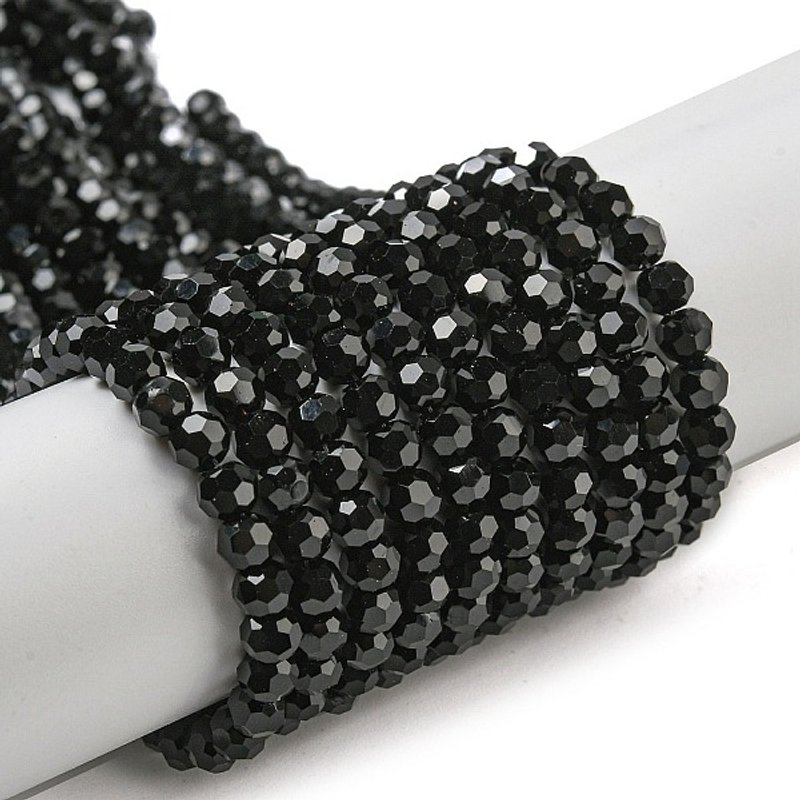 Perles en verre opaque noires, facettées, rondes, 4mm, 87-93pcs/fil — Perles à bijoux