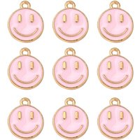 Alloy Enamel Charms, Flat Round Smiling Face, Pearl Pink