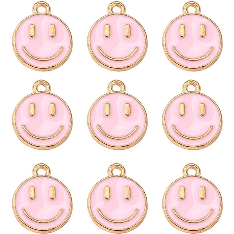 Alloy Enamel Charms, Flat Round Smiling Face, Pearl Pink — Charms & Pendants