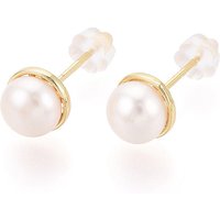 Brass Natural Pearl Stud Earrings, Half Round, 18K Gold Plated — Costume Jewelry