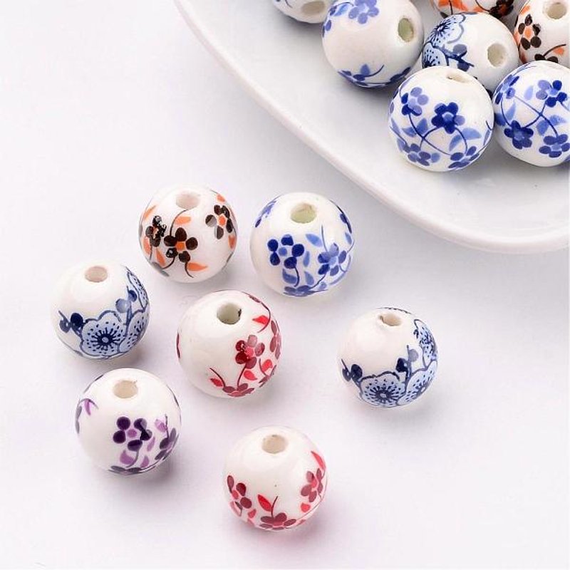 Handmade Printed Porcelain Beads, Round, Mixed Color, 12mm — Jewelry Beads