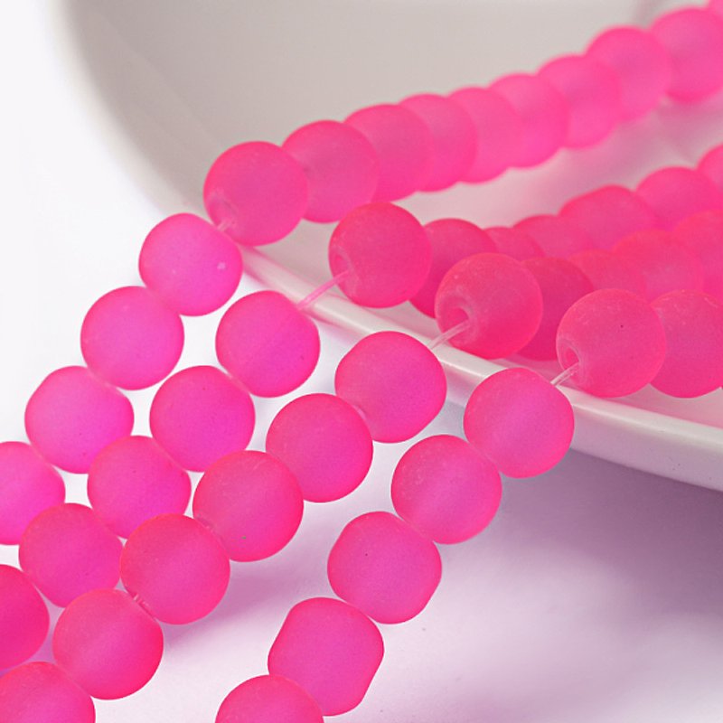 Brins de perles en verre transparent, givré, rond, rose profond, 6mm — Perles à bijoux