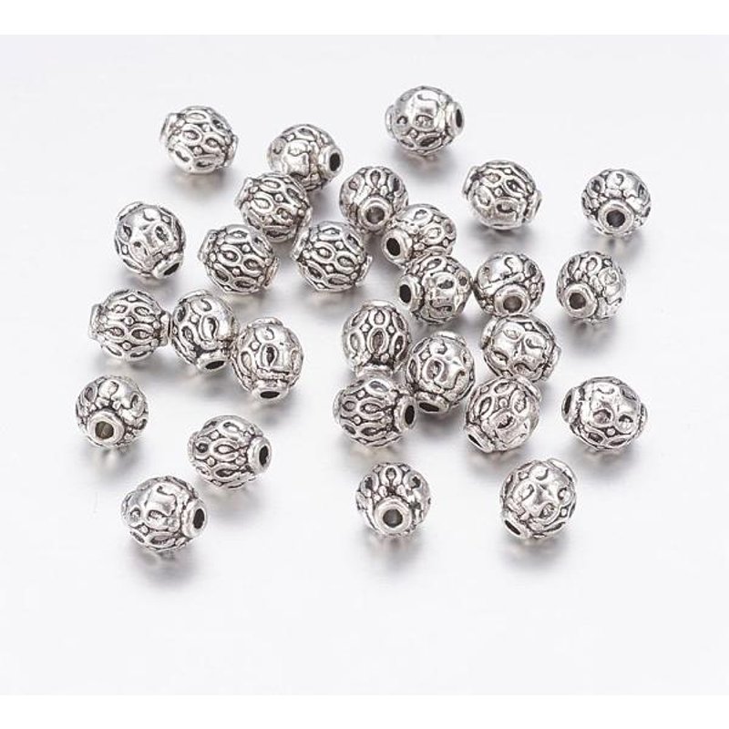 Perles en alliage de style tibétain, rondes, argent antique, sans plomb — Perles à bijoux