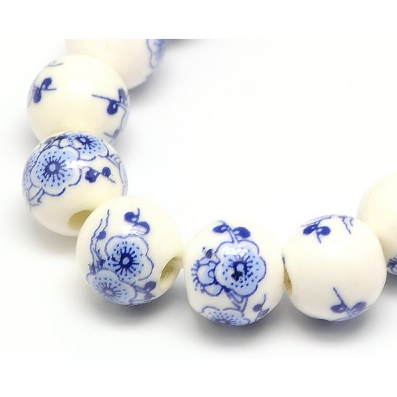 Handmade Flower Printed Porcelain Ceramic Beads Strands, Royal Blue — Jewelry Beads