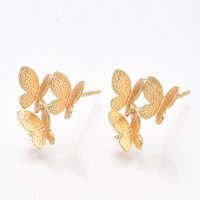 Brass Stud Earring Findings with Loop and Butterfly, 18K Gold Plated