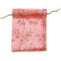 Sacs en Organza Imprimés Flocon d'Or pour Noël, Rouge, 12x10cm