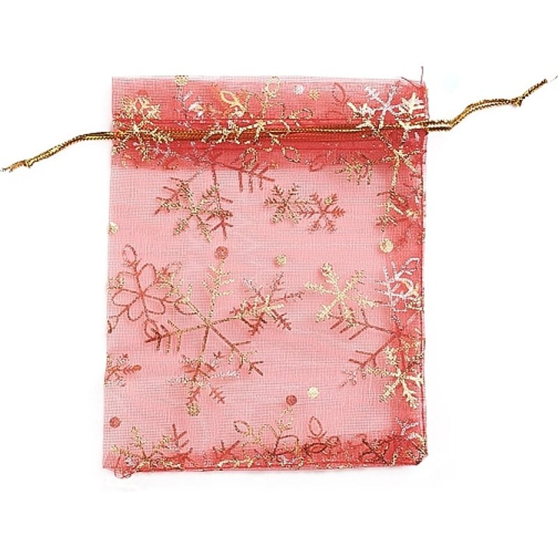 Sacs en Organza Imprimés Flocon d'Or pour Noël, Rouge, 12x10cm — Rangement et présentation