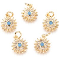 Brass Micro Pave Cubic Zirconia Sun Charms with Synthetic Turquoise