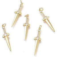 Brass Micro Pave Clear Cubic Zirconia Sword Pendant with Jump Rings