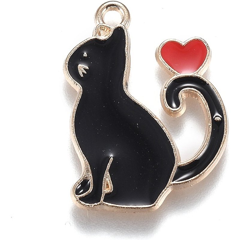 Alloy Enamel Pendant - Black Kitten with Heart — Charms & Pendants