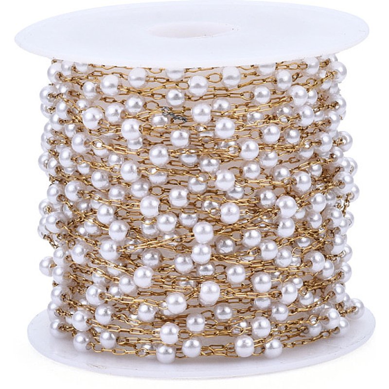 ABS Plastic Pearl Round Beaded Chains with Golden Stainless Steel Cable — Chains, Wire & Cord