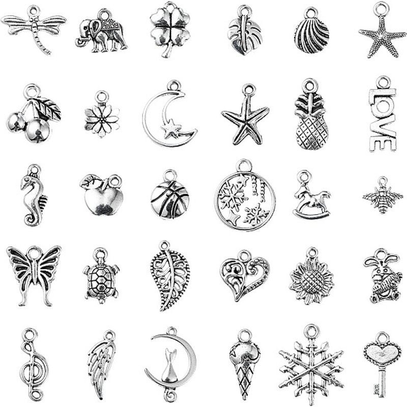 30Pcs Charms en Alliage de Style Tibétain en Formes Variées et Argent Vieilli — Breloques et pendentifs