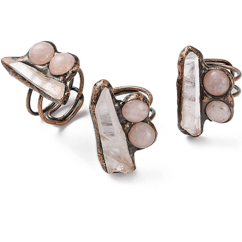 Bague Ajustable en Cristal de Quartz Naturel et Quartz Rose Nuggets — Bijoux fantaisie