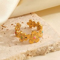 Bague ouverte en acier inoxydable 304 émaillée, fleur, plaquée or 18K — Bijoux fantaisie
