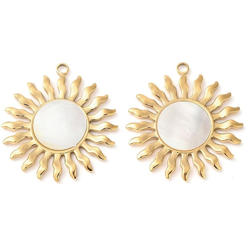 Charms Solaires en Acier Inoxydable 304 avec Coquillage Blanc Naturel, Plaqué Or — Breloques et pendentifs