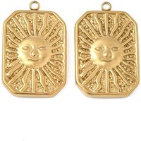 304 Stainless Steel Rectangle Pendant with Sun Charm, 18K Gold Plated