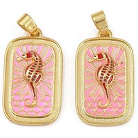Brass Enamel Pendants with Sea Horse Charms, Golden, Pink