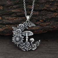Collier Pendentif Flower & Mushroom en Alliage de Zinc, Argent Antique, Lune — Collier pendentif