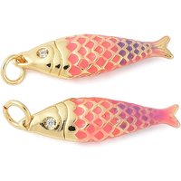 Brass Enamel Fish Shape Charms with Cubic Zirconia, 18K Gold Plated