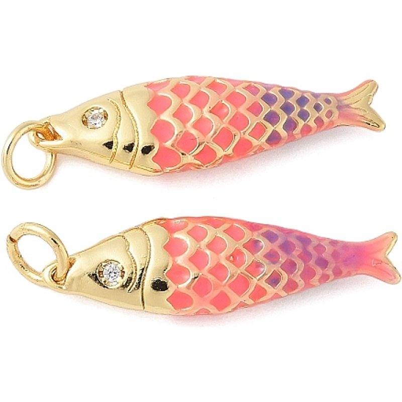 Brass Enamel Fish Shape Charms with Cubic Zirconia, 18K Gold Plated — Charms & Pendants