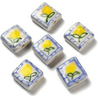 Perles en porcelaine faites à la main, carrées, fleurs, 16x16x7mm, trou 1.8mm