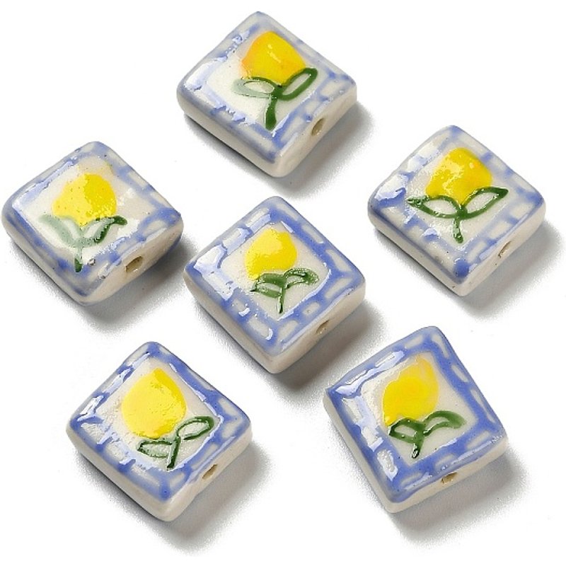 Perles en porcelaine faites à la main, carrées, fleurs, 16x16x7mm, trou 1.8mm — Perles à bijoux