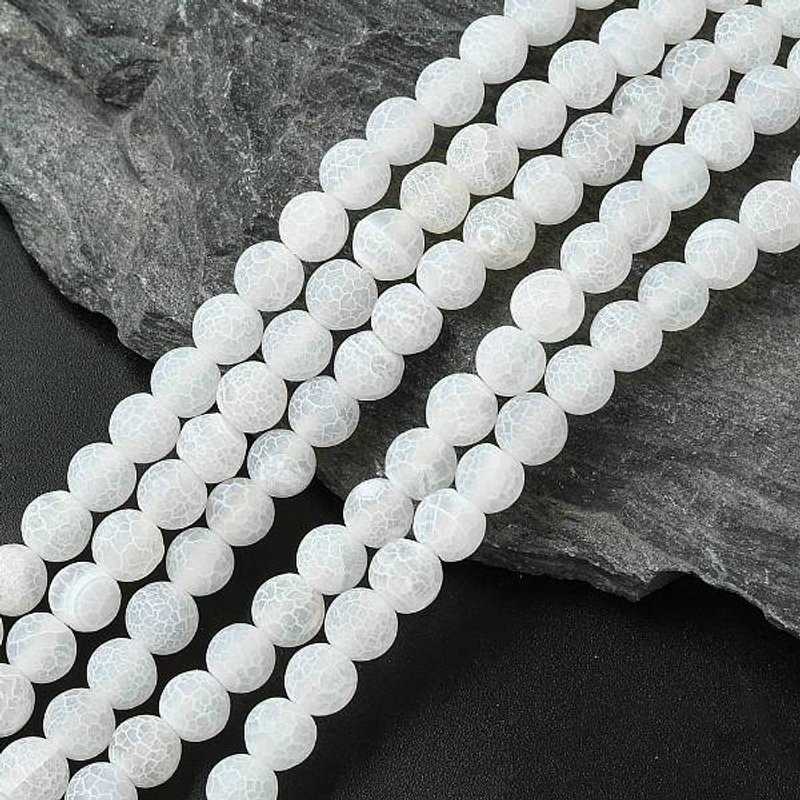 Brins de perles d'agate naturelle patinée, teintées, blanches, 8mm
