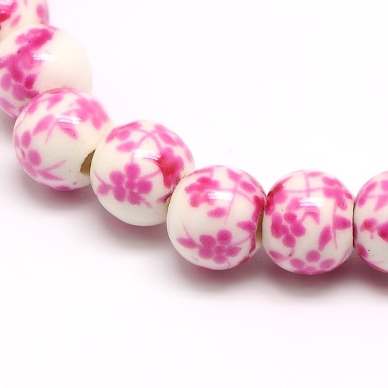 Handmade Flower Printed Porcelain Ceramic Beads Strands, Pearl Pink — Jewelry Beads