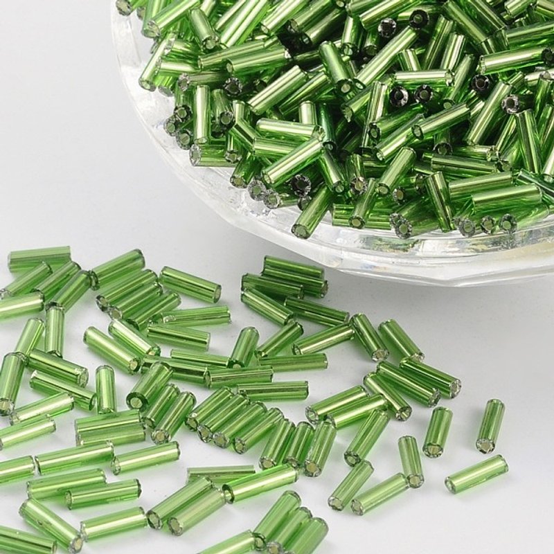 Glass Bugle Beads, Silver Lined, Lime Green, 1250pcs/50g — Jewelry Beads