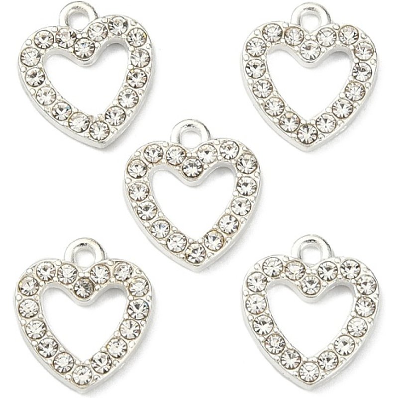 Charm en alliage de strass en forme de cœur, plaqué argent, 14x12.5mm — Breloques et pendentifs