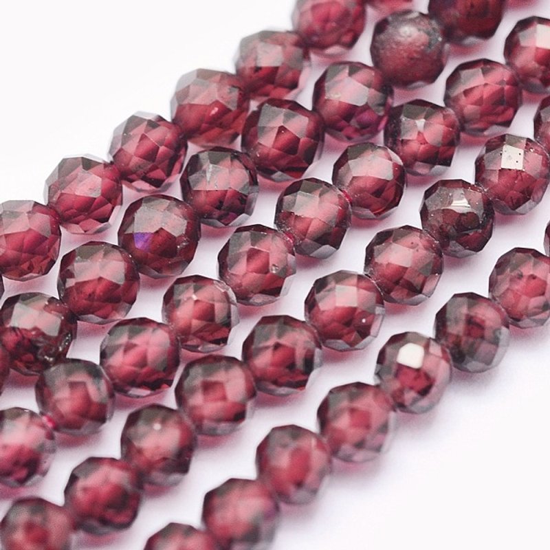 Fil de perles de grenat naturel, rond, facetté, rouge, 3mm, 135pcs — Perles à bijoux