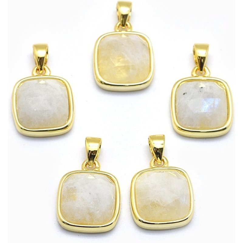 Natural Rainbow Moonstone Square Pendants with Brass Findings — Charms & Pendants