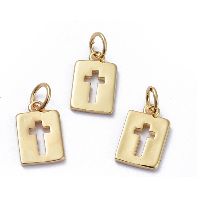 Brass Cut-Out Rectangle Cross Pendant with Jump Rings — Charms & Pendants