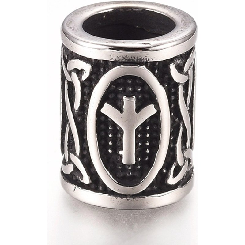 304 Stainless Steel European Beads with Runes, Antique Silver — Jewelry Beads