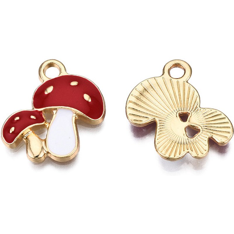 Pendentif en Émail Double Champignon Thème Automnal en Or Clair et Rouge — Breloques et pendentifs