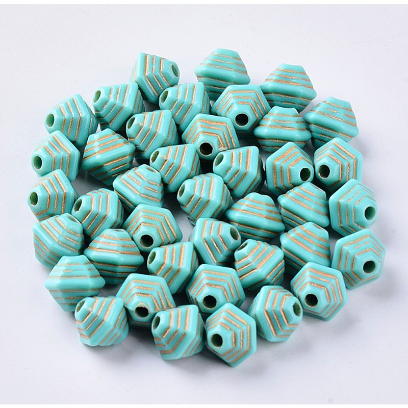 Perles Biconiques Acryliques avec Enlace Métallique Doré, Turquoise Foncé — Perles à bijoux