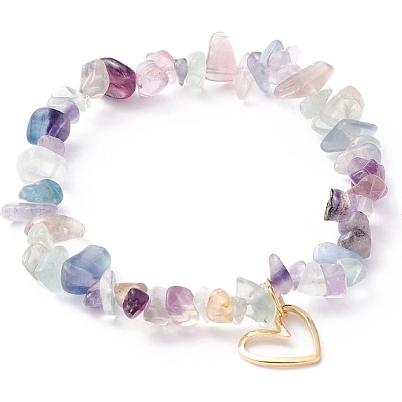Bracelet Élastique en Perles de Fluorite Naturelle avec Charme Cœur — Bracelet Femme