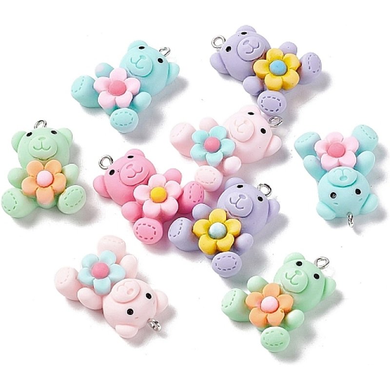 Pendentifs Opaque en Résine avec Charms Ours et Fleurs — Breloques et pendentifs